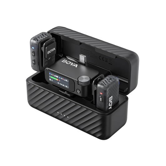BOYA MIC 2 wireless microphone system with receiver and transmitters for camera and smartphone recording