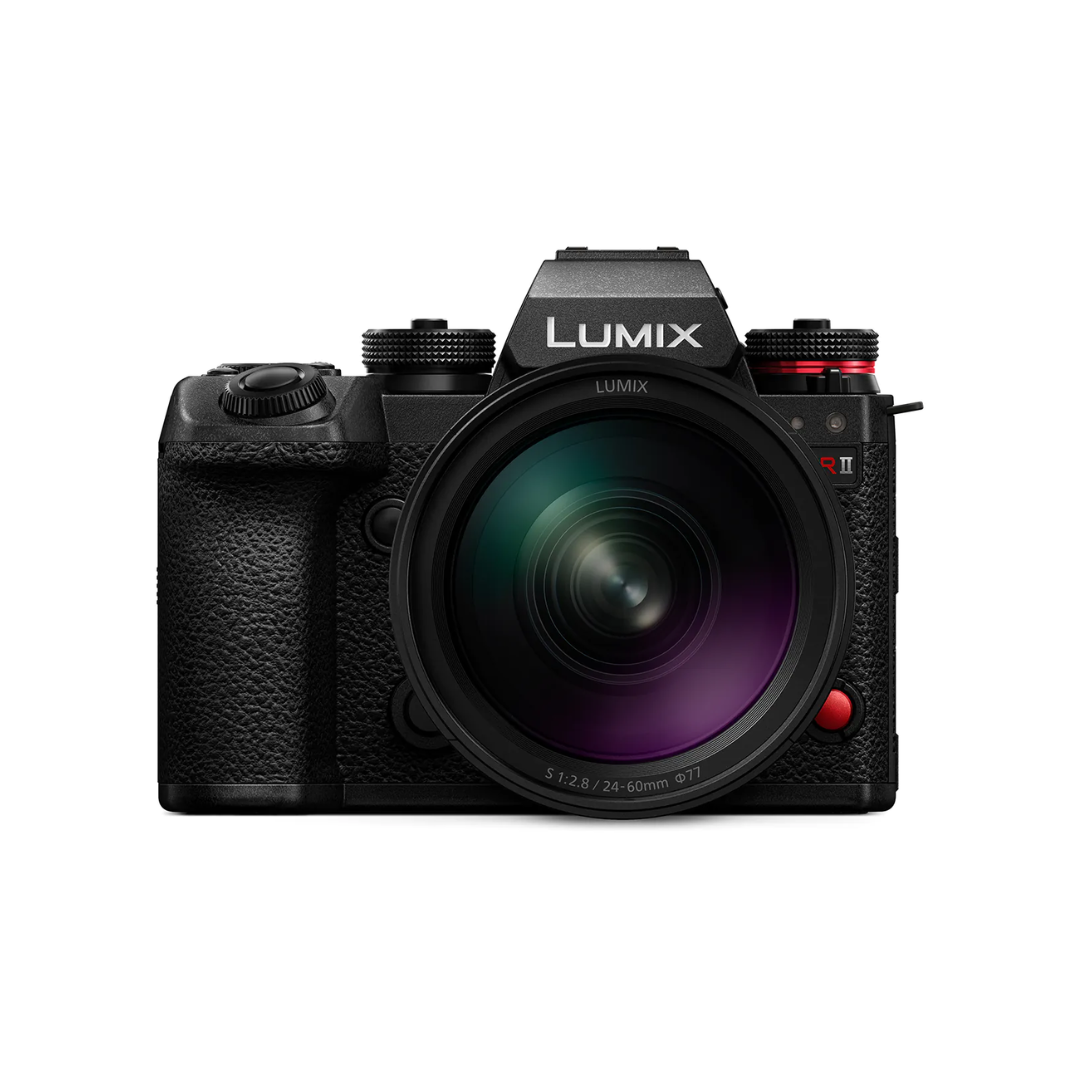 Panasonic Lumix S1R II mirrorless camera with 24-60mm f/2.8 lens front view