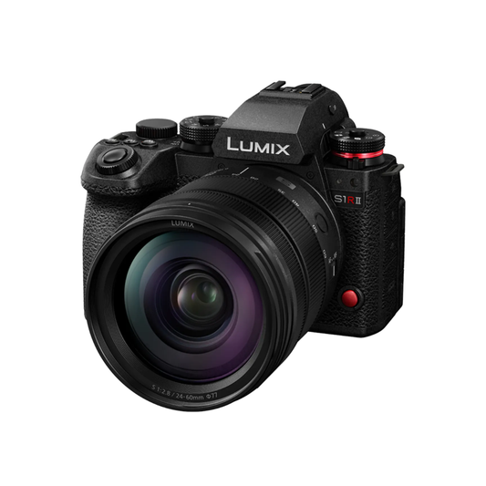 Panasonic Lumix S1R II mirrorless camera with 24-60mm f/2.8 lens front view