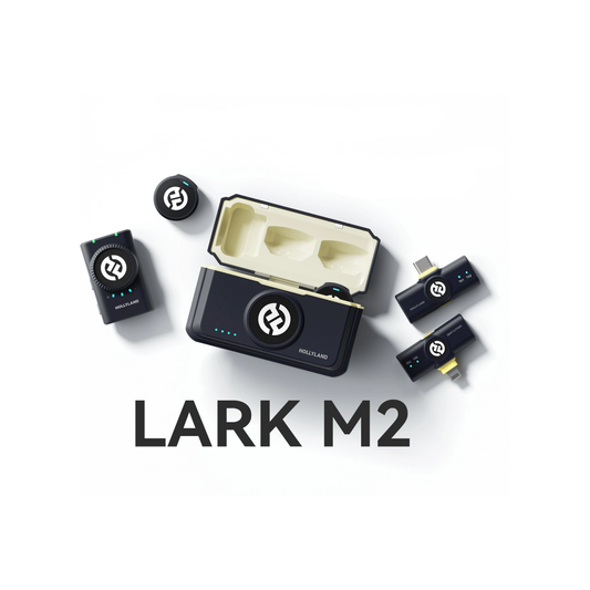 Hollyland Lark M2 Combo wireless microphone rental available at Camera Club Bangalore for vlogging, interviews, filmmaking, and content creation.