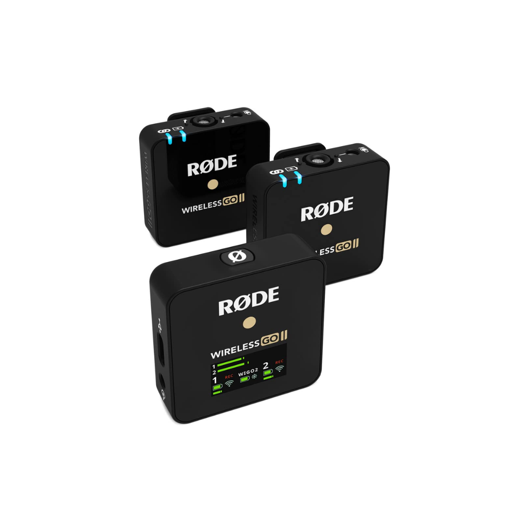 Rent Rode Wireless GO II Dual Channel Wireless Microphone in Bangalore from Camera Club for professional wireless audio recording, interviews, vlogging, and filmmaking.
