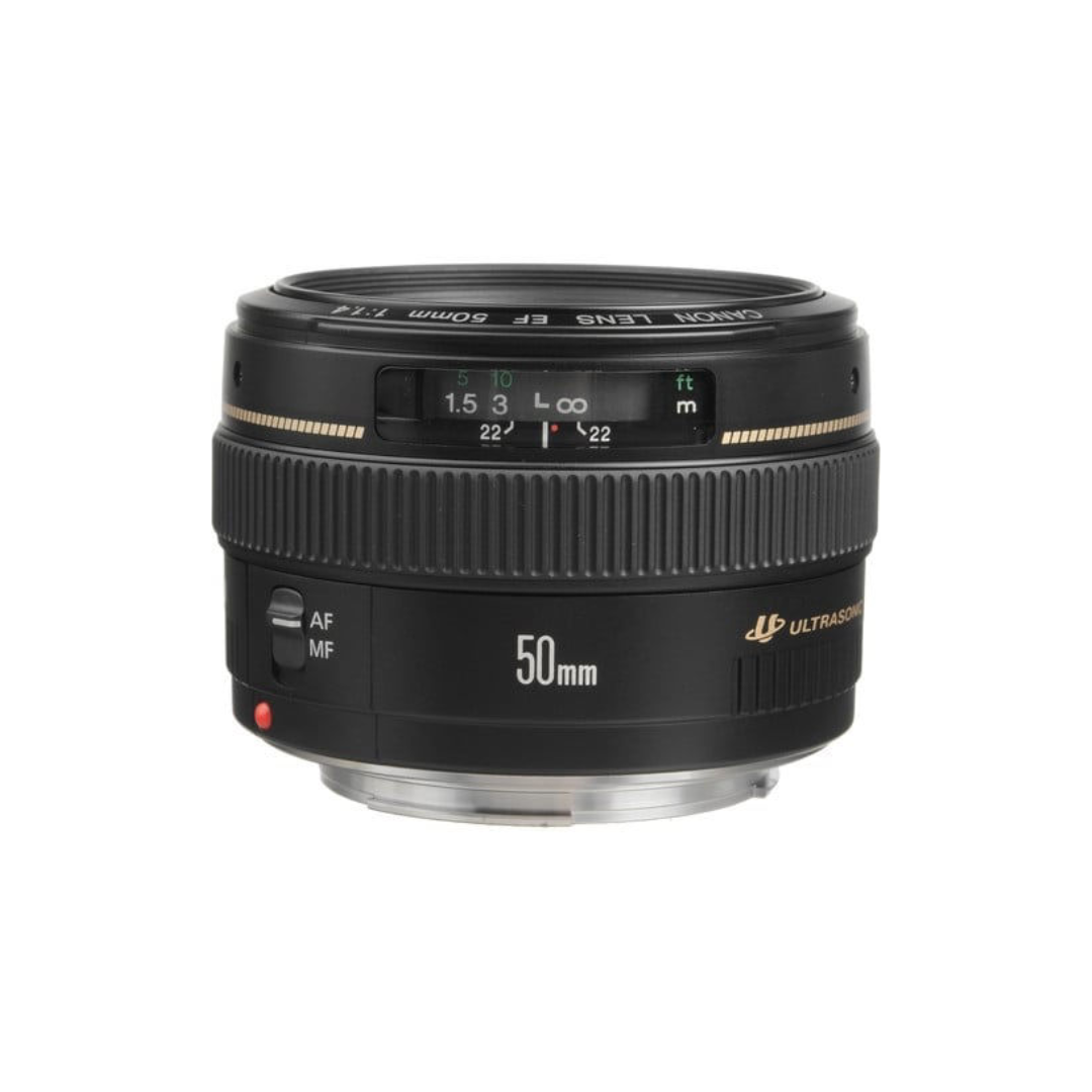 Canon EF 50mm f/1.4 USM prime lens available for rent at Camera Club Bangalore, ideal for portraits, weddings, street photography, and low-light shooting.