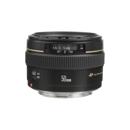 Canon EF 50mm f/1.4 USM prime lens available for rent at Camera Club Bangalore, ideal for portraits, weddings, street photography, and low-light shooting.
