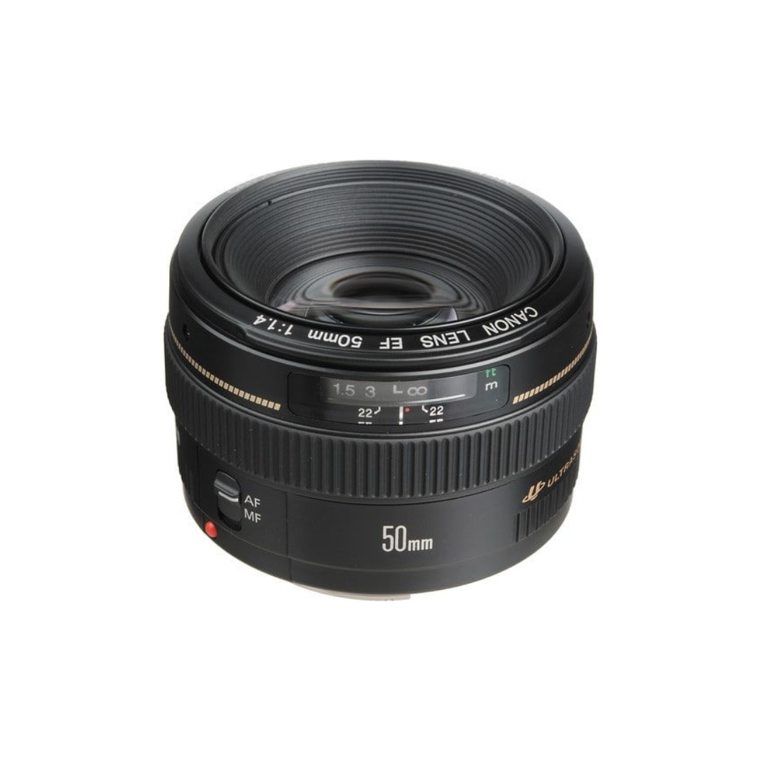 Canon EF 50mm f/1.4 USM prime lens available for rent at Camera Club Bangalore, ideal for portraits, weddings, street photography, and low-light shooting.