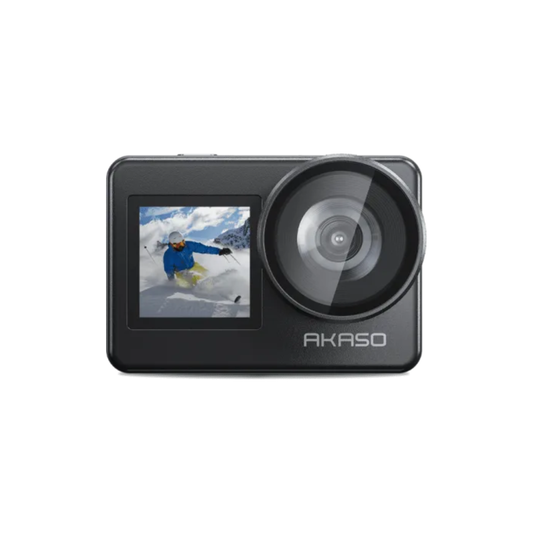 AKASO Brave 7 unboxed action camera with dual-color screens and waterproof design