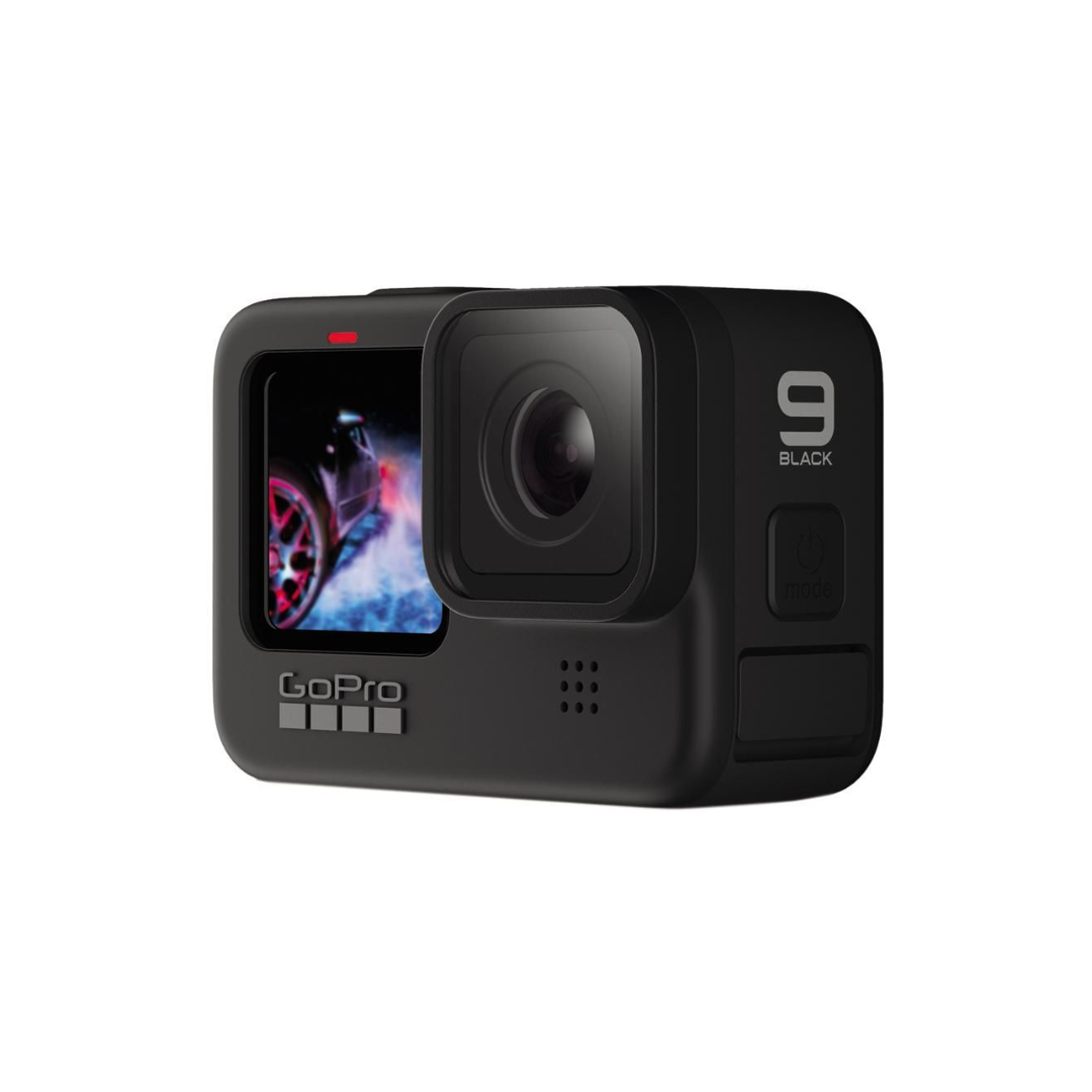 GoPro HERO9 Black action camera unboxed, featuring a front display and rear touchscreen.