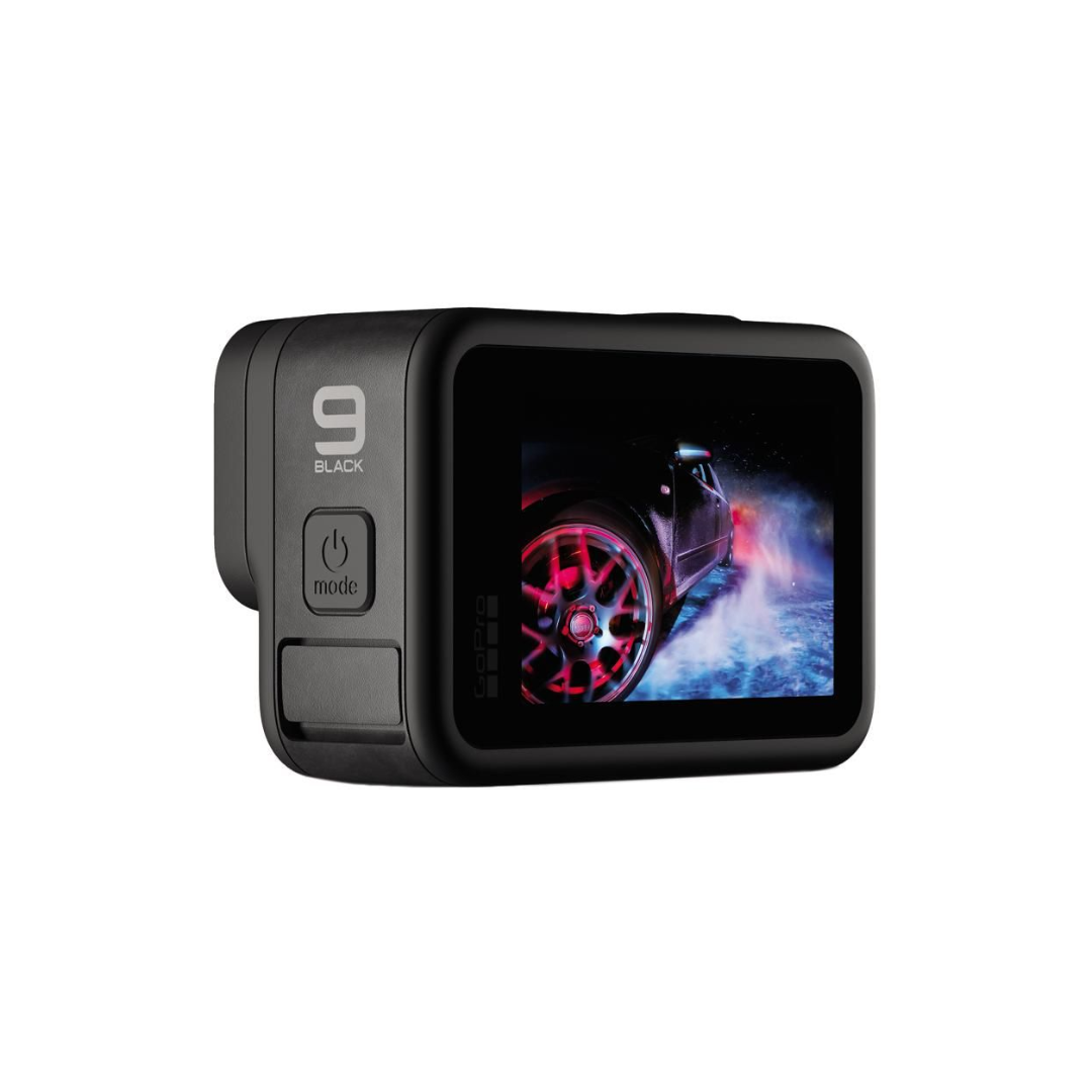 GoPro HERO9 Black action camera unboxed, featuring a front display and rear touchscreen.