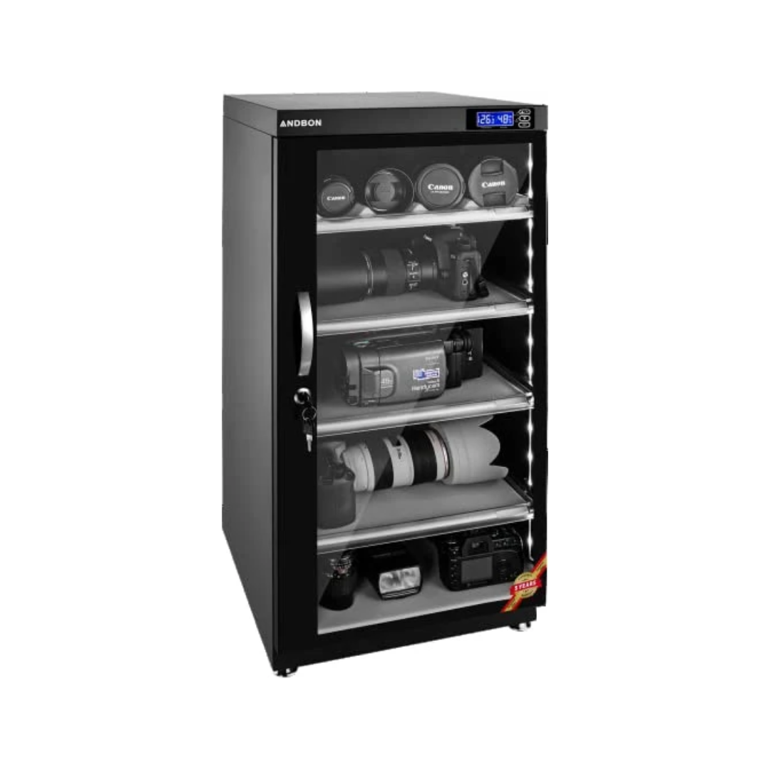 Andbon DS-125S 125L dry cabinet and dehumidifier for camera and photography equipment storage.