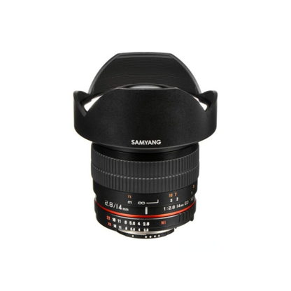 Used Samyang 14mm f/2.8 ED AS IF UMC ultra-wide angle lens for Nikon F mount available at Camera Club. Ideal for landscape, architecture, and astrophotography.