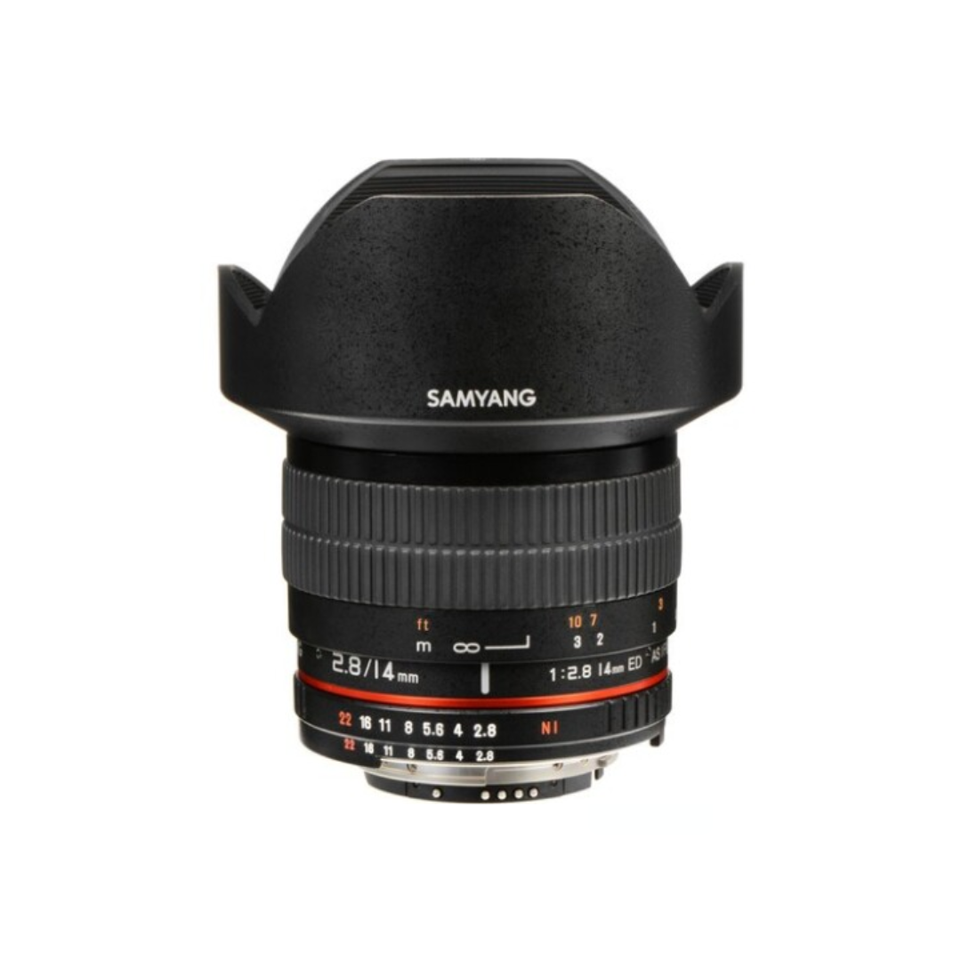 Used Samyang 14mm f/2.8 ED AS IF UMC ultra-wide angle lens for Nikon F mount available at Camera Club. Ideal for landscape, architecture, and astrophotography.