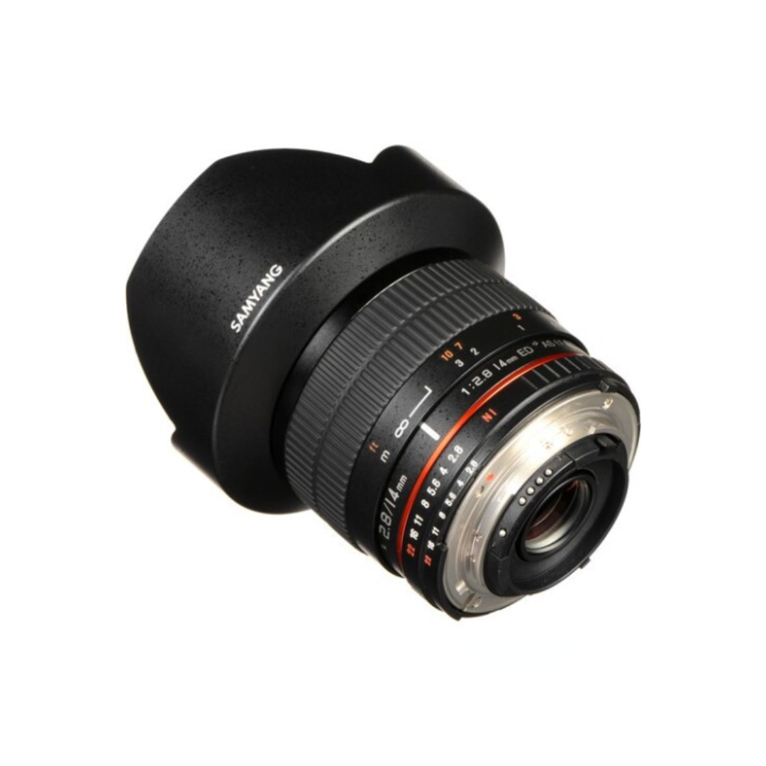 Used Samyang 14mm f/2.8 ED AS IF UMC ultra-wide angle lens for Nikon F mount available at Camera Club. Ideal for landscape, architecture, and astrophotography.