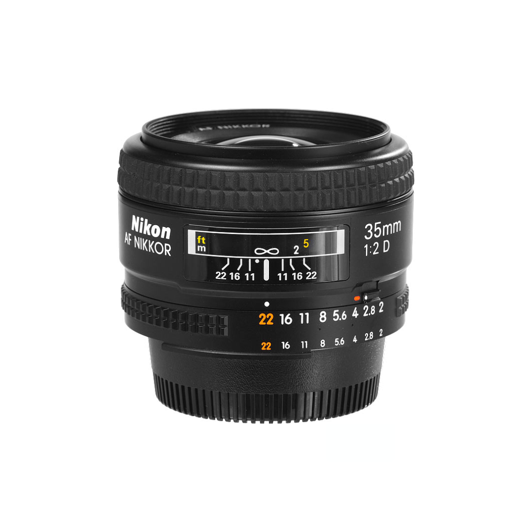 Used Nikon AF NIKKOR 35mm f/2D F Mount prime lens available at Camera Club. Compact wide-angle lens ideal for street, travel, portrait, and everyday photography.